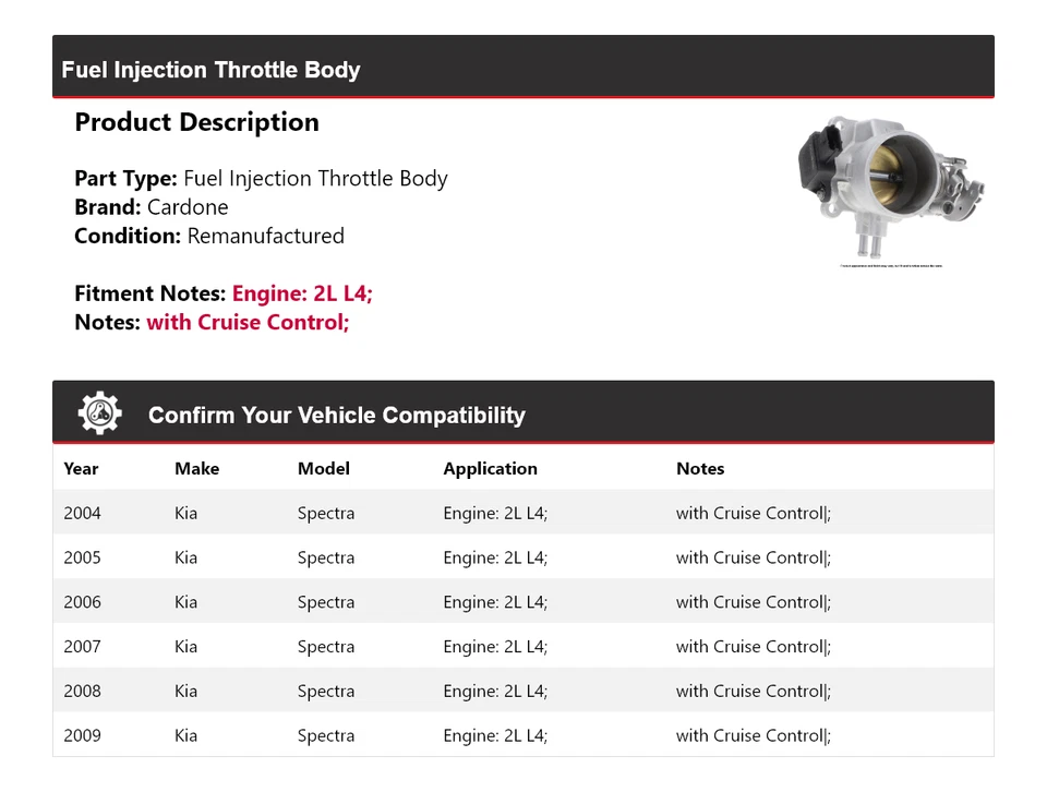 Carrocería de acelerador de inyección de combustible Cardone 2005 2006 para Kia Spectra 2004-2009 2L L4 Foto 2 de 4