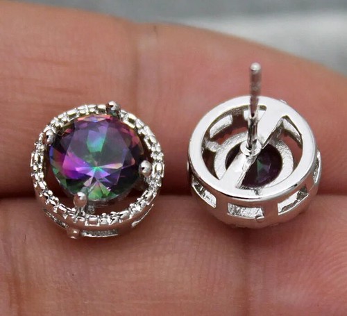 Pretty 18K White Gold Filled 7mm Purple Mystical Rainbow Round CZ Stud Earrings - 第 4/6 張圖片