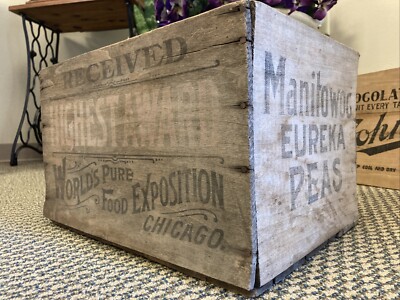 Antique Wooden Crate Lakeside Peas Manitowoc Wisconsin Can Box World s Food Expo