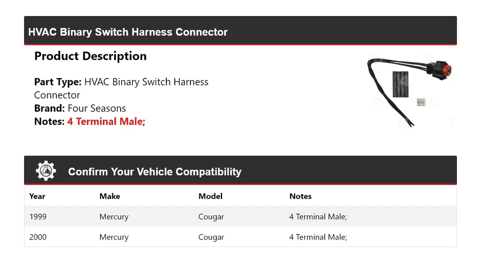 Conector de arnés interruptor binario HVAC Mercury Cougar 1999-2000 4 estaciones Foto 2 de 4