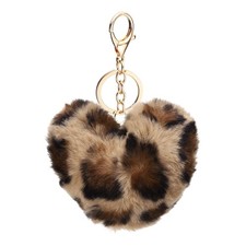 Pom Pom Keychain 10cm Soft Cute Fluffy Heart Key Ring Leopard Light Brown