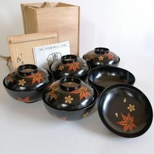 Zohiko Lacquered Wood Soup Bowls with Lids Set of 5 High-Quality Japanese Antiqu