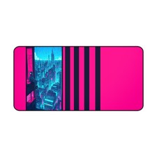Cyberpunk Cityscape Desk Mat Neon Pink Stripes