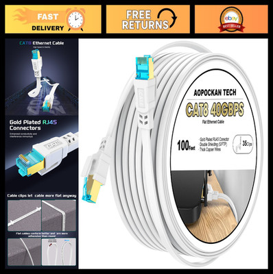High-Speed Cat 8 Ethernet Cable 100FT, 40Gbps, Weatherproof Flat LAN Patch Cord