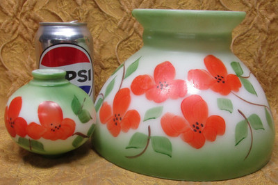vintage white milk glass table lamp shade-hand painted orange flowers-8'' fitter