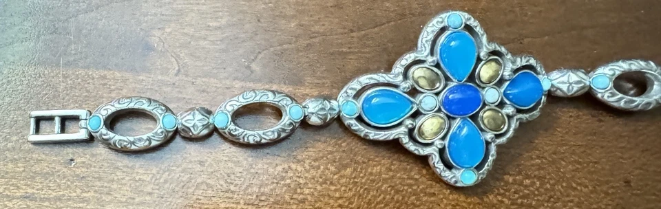 BRIGHTON Nadia Cross Bracelet Faux Turquoise Blue Stones Link Silver Plate 7 3/4 - Image 2 of 4