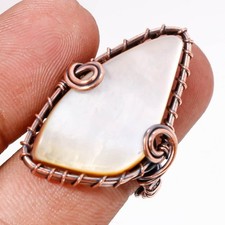Mother Of Pearl Gemstone Handmade Wire Wrap Copper Jewelry Ring 7.75" PG 177