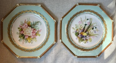 Pair Antique Royal Worcester Botanical hand painted octagonal Plates Floral Gilt