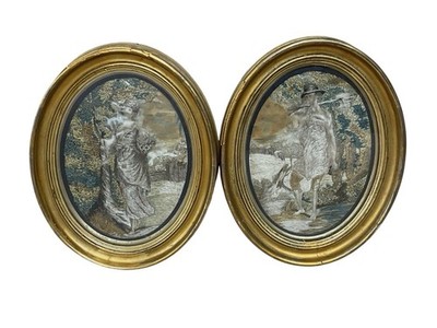 Pair Of Figural Silkwork,Needleworks In Giltwood Frames Antique Georgian C1820.