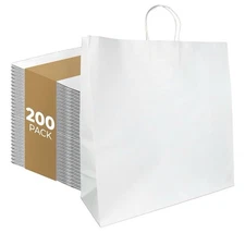 White Kraft Paper Bags with Handles 18” X 7” X 18” - 200 Pack