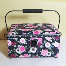 Sewing Basket Pink Floral Box 10"x7" Movable Handle Tape Measure Trim Insert