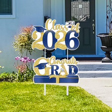 2 Pack Class of 2026 Graduation Yard Signs with Stakes - Blue Gold Congrats Grad