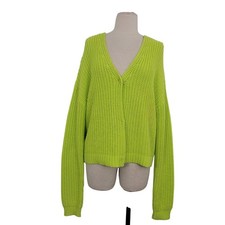 Oui Moments Button Front Knit Cardigan Sz 8 Neon Green V-Neck Oversized Sleeves
