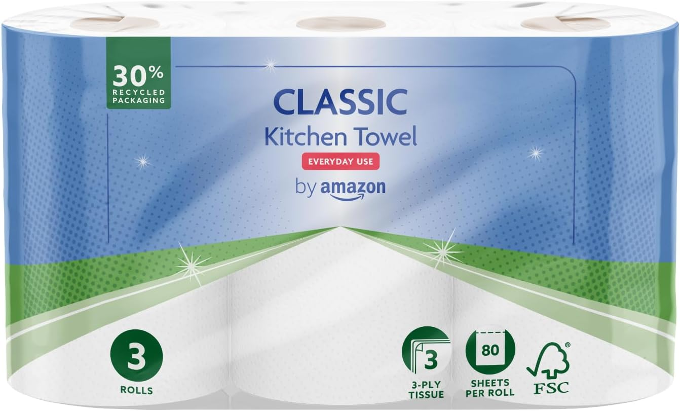 Classic Kitchen Roll 3-Ply Strong & Absorbent 3 Rolls Pack 80 Sheets FSC Certifi