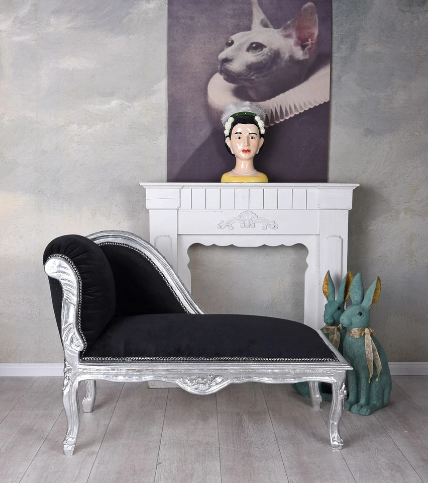 Sofabank Polsterbank Schwarz Ottomane Silber Sitzbank Barock Hocker Sitzhocker - Bild 2 von 4