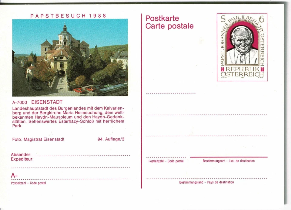 Österreich 1988 Stationery Postcard unused Ganz Bildpostk Papst Johannes Paul II - Bild 1 von 1