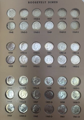 Complete 1946-1964 Roosevelt Silver Dime Dansco Album UNC 48 Coin Set #1