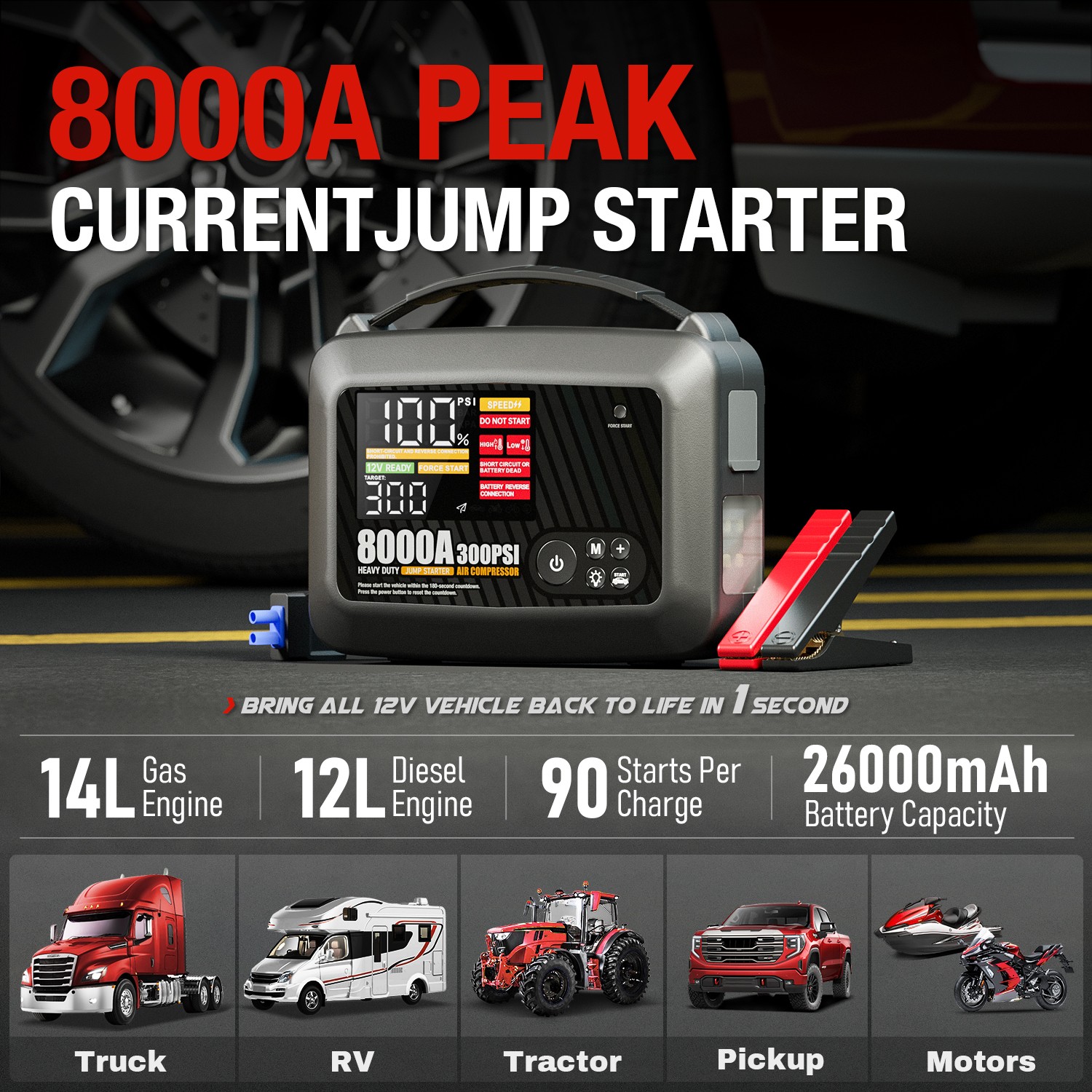 8000A Car Jump Starter With Air Compressor Emergency Truck Heavy Duty Supersafe