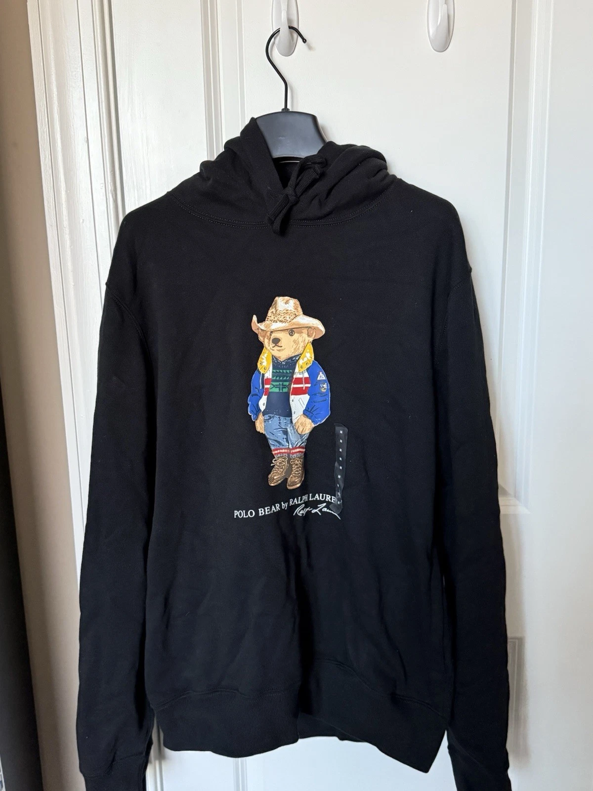 Polo Ralph Lauren Black COWBOY HAT BEAR Fleece Hoodie Sweatshirt Size M