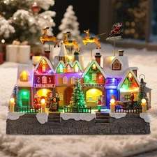 Christmas Village Houses with Santa Sleigh and Reindeer LED Light Christmas H...