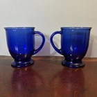 Anchor Hocking 16oz Dark Cobalt Blue Glass Footed Pedestal Café Mugs-2 vintage