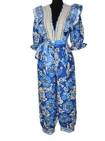 NWT $260 FARM Rio Full Of Flowers Ruffled Jumpsuit Blue Floral Linen Small