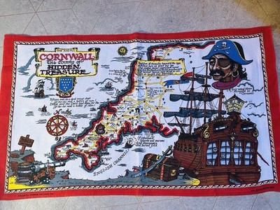 Vintage Cornwall versteckter Schatz Geschirrtuch Baumwolle Souvenir Karte Piraten