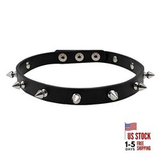 Spiked Choker, Goth Black Leather Choker Collar S - Length 12"-14.4" Black 001