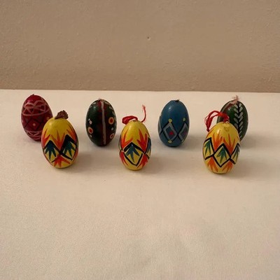 Vintage Mini Wooden Easter Eggs   Hand Painted Folk Art Ornaments   Set of 7