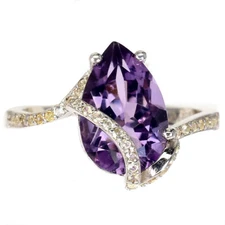 925 Sterling Silver Pear Amethyst 12x8mm Sapphire Diamond Cut  Ring 9.5