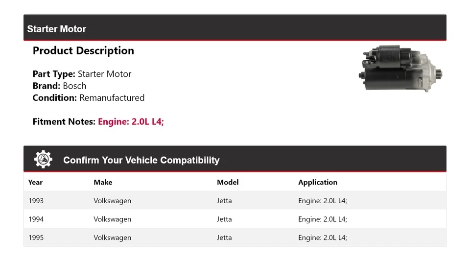 Para Volkswagen Jetta 1993-1995 2,0 L L4 Bosch Arranque (Remanufacturado) 1994 Foto 2 de 4