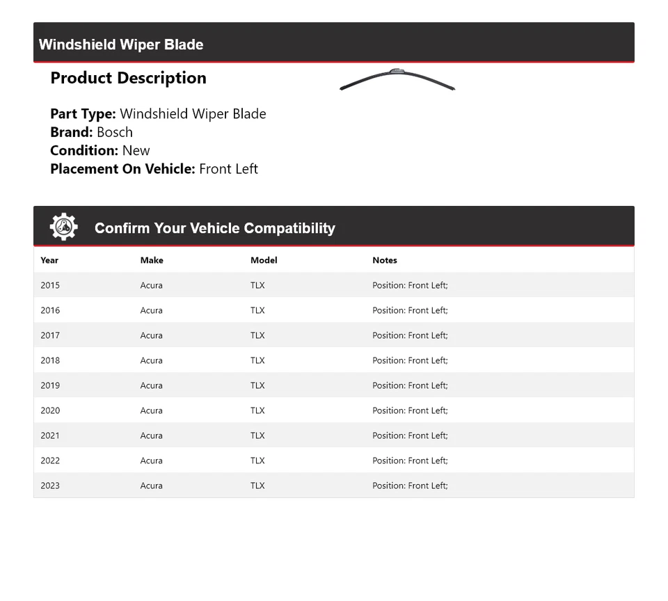 For 2015-2023 Acura TLX Bosch ICON Windshield Wiper Blade Front Left 2016 2017 - Image 2 of 4