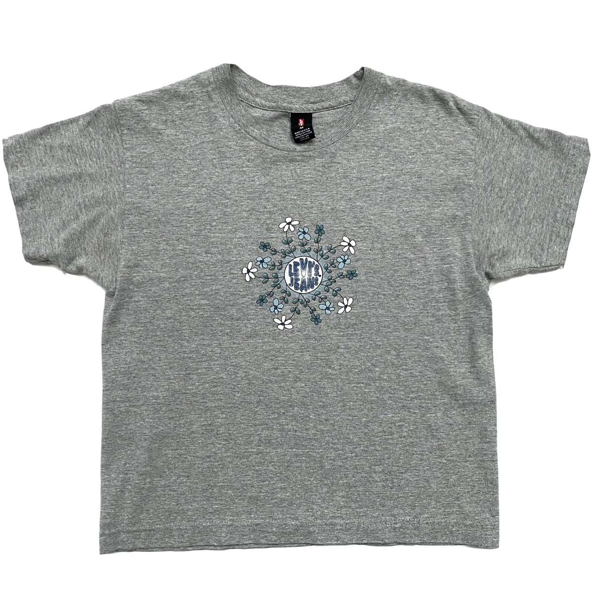 Vintage 90s Levis Crop Top T shirt Gray Size M Logo Flowers Made USA