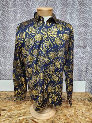 ZEROYAA Mens Hipster Gold Rose Printed Slim Fit Long Sleeve Dress Shirt XL  | eBay