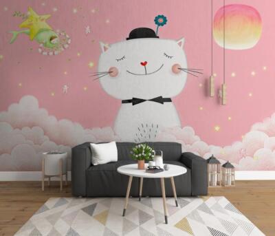 Papier Peint Autocollant 3D Décoratif - Motif Fille Et Chat H292 - Amovible Et Réutilisable