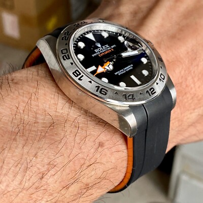 21mm BLACK/ORANGE Vulcanized Rubber Strap Fits 42mm Rolex Explorer