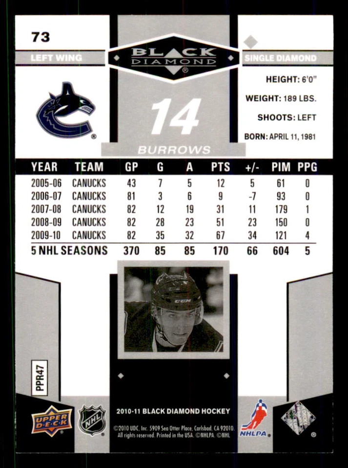 2010-11 Upper Deck Black Diamond #73 Alexandre Burrows Vancouver Canucks - Image 2 of 2