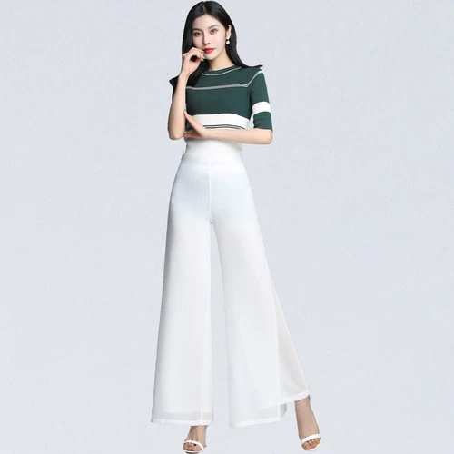 Damen Chiffon Tanzhose Schlitz weite Beine Hose Freizeit Maxi Culotte Modern - Bild 5 von 23