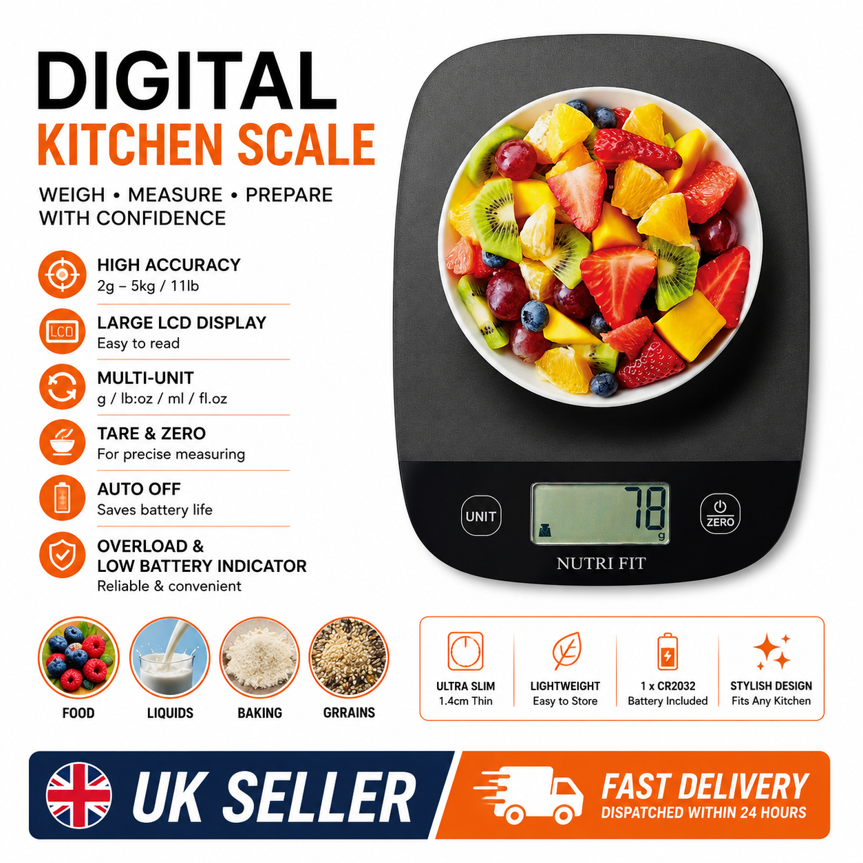 Digital Kitchen Food Scale 5kg 1g LCD Electronic Weighing Scales Black