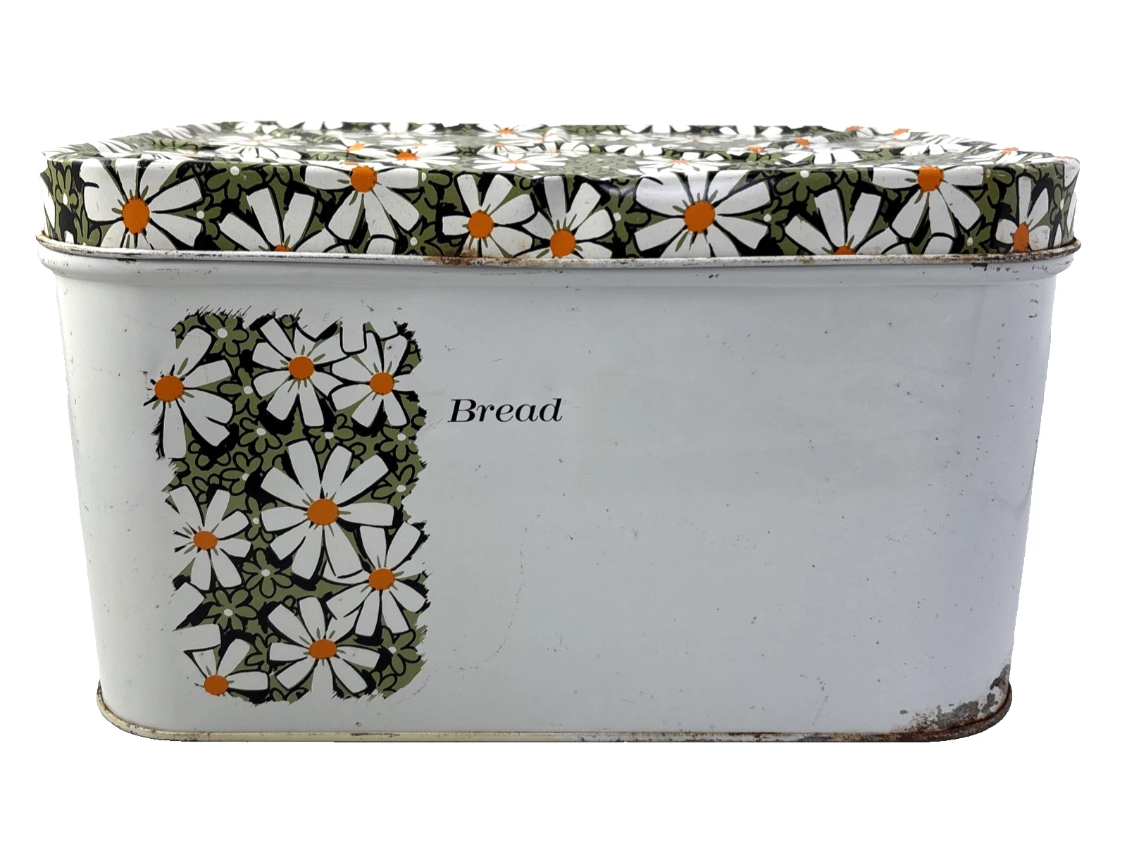 VTG Metal Tin Bread Box Daisy Floral Leaf Hinged Lid MCM Retro Made in USA