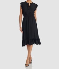 T Tahari Women's Black Ruffled Split Neck Cap Sleeve Smocked Waist Dress Size M