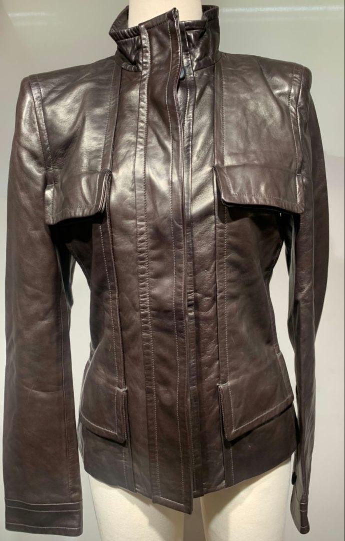 Yves Saint Laurent Rive Gauche Giacca di Pelle Marrone CINTURA 36