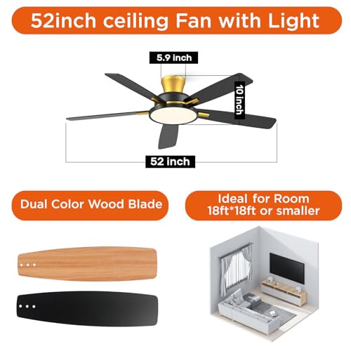 52 inch Ceiling Fans with Lights and Remote,Ultra Silent Low Profile Ceiling - Picture 6 of 8
