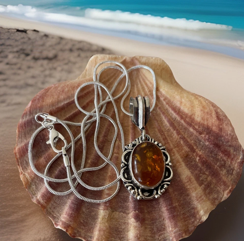 Collar Colgante Artesanal Ámbar Báltico - Plateado - Nuevo Foto 3 de 4