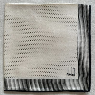Dunhill Handkerchief Vtg Beige Silk Polka Dot & Houndstooth Pocket Square 15''