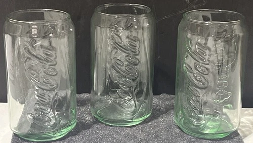 Set of 3 Vintage Coca Cola Can Shaped Green Tinted Drinking Glasses 12 Oz