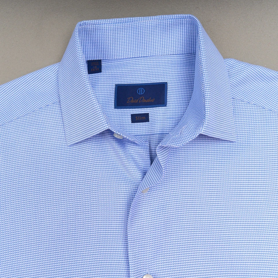 Camisa de Vestir David Donahue 15 34/45 Azul Micro Cuadros Calce Ajustado Cuello Extendido Foto 3 de 4