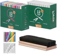 Dustless Chalk with Eraser, 24Pk - 12 Colored Chalkboard Chalks and 12 White Cha