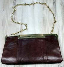VTG PRINCESS CREATION 11"x6" Burgundy Leather CLUTCH Handbag w/ Goldtone Chain