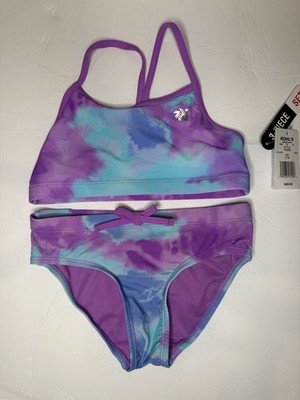 ZeroXposur Girls 2pc Swimsuit Tie Dye Iris Purple Blue Crossback Size S 7/8 NWT